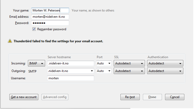 Thunderbird mail setup screen, auto setup failed, initial settings