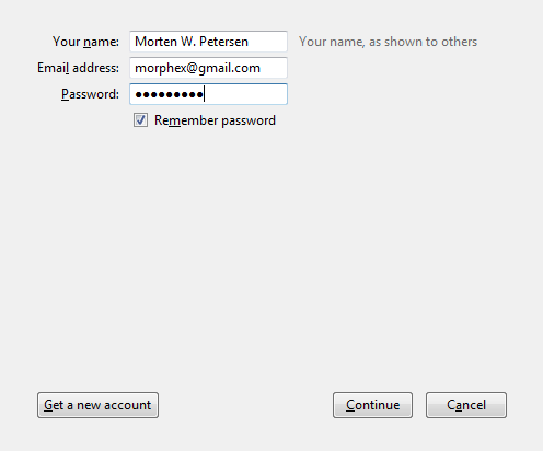 Thunderbird setup mail account, gmail address