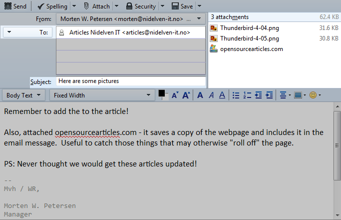 Thunderbird compose message window with recipient, attachment, subject and message
