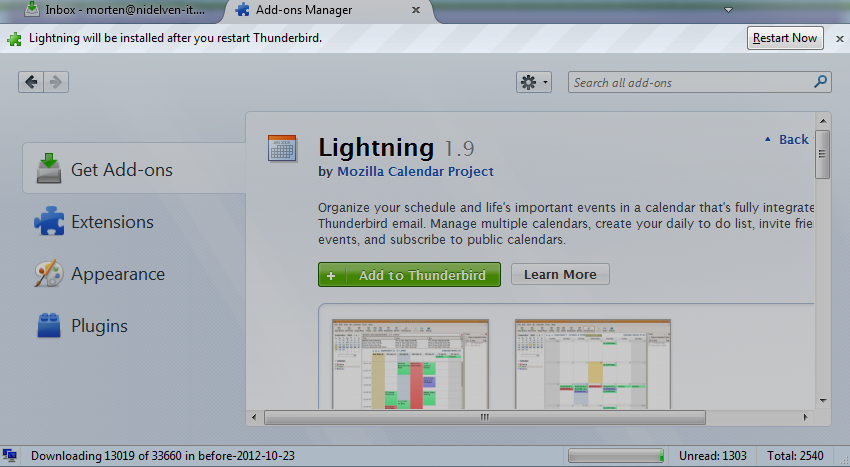 Thunderbird, add-on installed, click to restart Thunderbird with add-on working screen